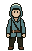 Wren, in a teal raincoat with the hood up
